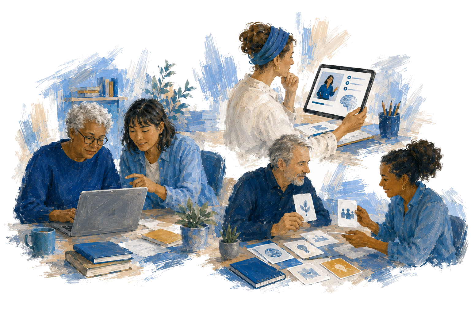 Participants learning together in a practical workshop using a laptop and an online training platform